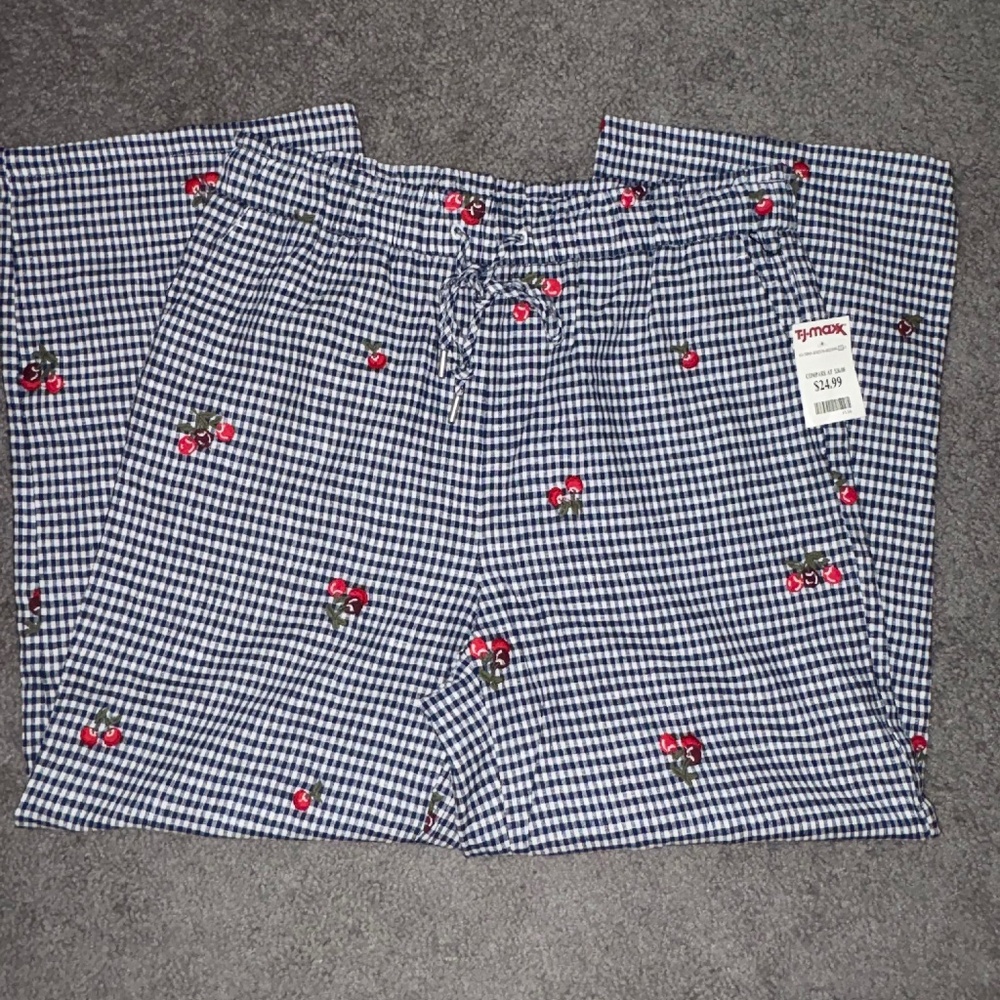 NICOLE MILLER Blue White Gingham Linen Pant Cherry Embroidered Drawstring Size 8 - Picture 9 of 9